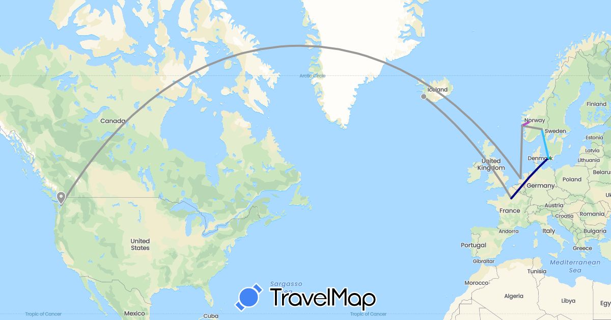 TravelMap itinerary: driving, bus, plane, train, boat in Denmark, France, United Kingdom, Iceland, Netherlands, Norway, Sweden, United States (Europe, North America)