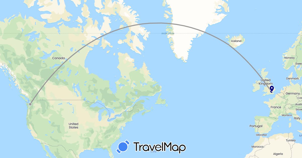 TravelMap itinerary: driving, plane in United Kingdom, Iceland, United States (Europe, North America)
